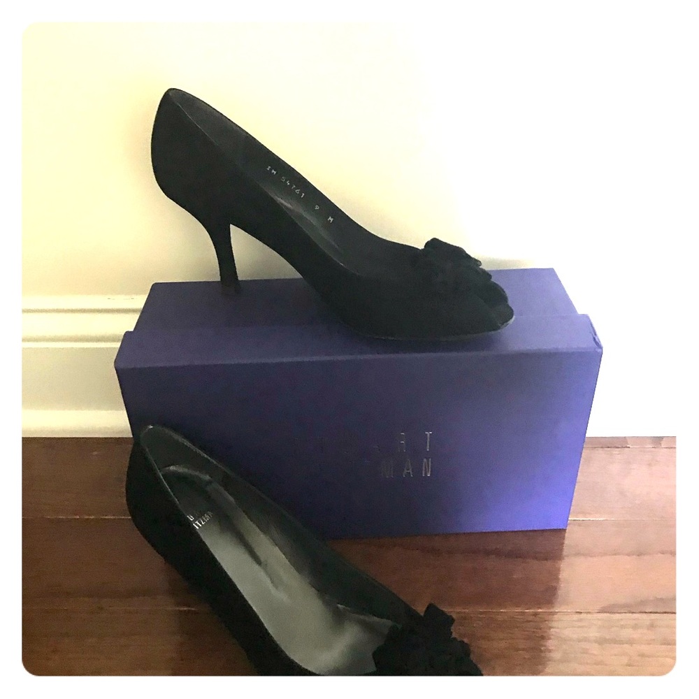 Stuart Weizman Black Suede Peep Toe Heels - image 1